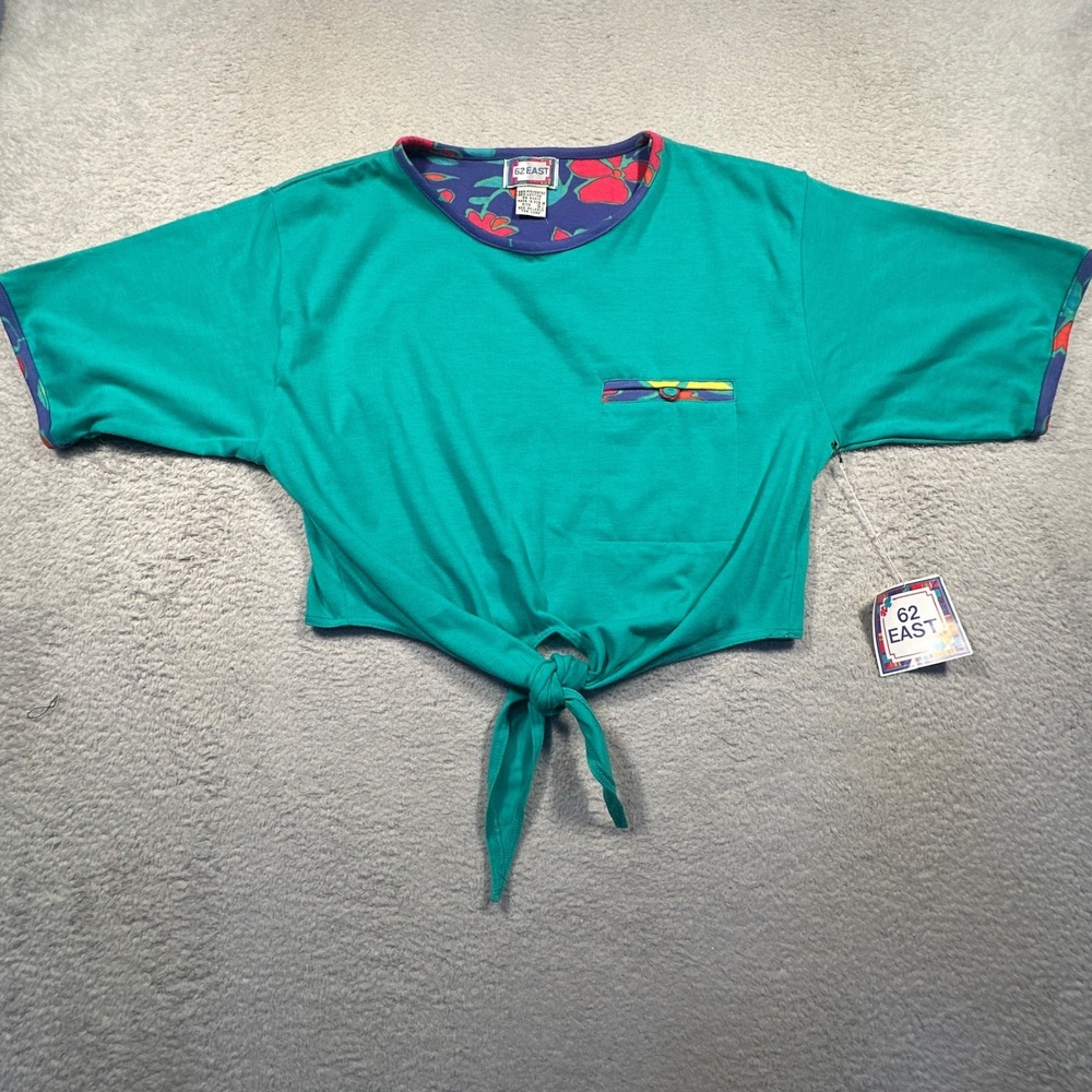 62 East Crop Top Womens Small Teal Floral 80s 90s Vintage Front Tie NWT